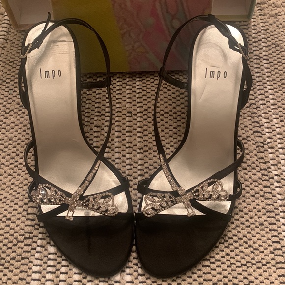 Vintage Impo Nightlife Heather Satin Black Dragonfly Heals. Size 8.5.